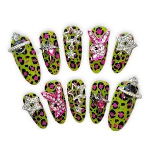 Playboy Mcbling Trashycore Leopard Print Brat Green Charm Press On Nails