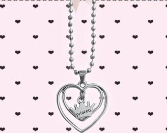 Princess Heart Crown Necklace, Silver Plated Ball Bead Chain