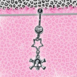 Skull and Crossbone Mcbling Trashycore Y2K Silver Crystal Star Belly Bar