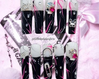 3D Charm Y2K Black n Pink Grunge Gyaru Mcbling Press On Gel Nails