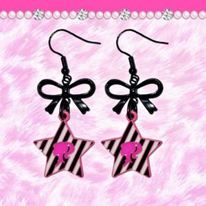 Barbie Y2K Mcbling Gyaru Stripy Star Black Bow Earrings