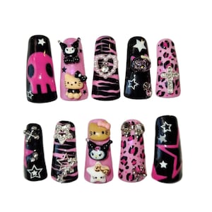Black And Pink Hello Kitty 3D Charm Full Duck Press On Gel Nails