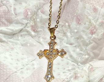 Rhinestone Mcbling Gold Coloured Gothic Cross Necklace