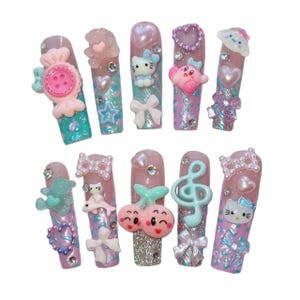 Pastel Blue and Pink Whimsy Ethereal Kitty Charm Press On Gel Nails