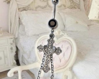 Strass mcbling gotisch kruis met ketting Y2K buikbeugel