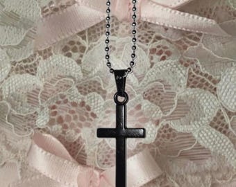 Black Gothic Cross Small Ball Bead Necklace