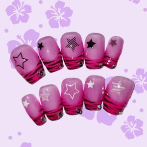 Hot Pink Jelly Zebra Print Y2k Gyaru Mini Star Nail Art Press On Gel Nails