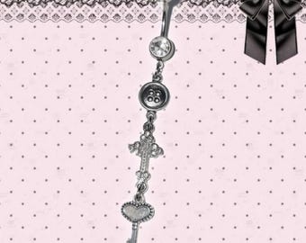 Colgante para el ombligo con dije de cruz y llave, de acero quirúrgico