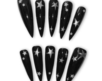 Gyaru Y2k Style Black Silver Metallic Star Press On Nails