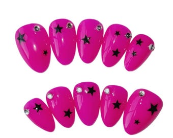 Gyaru Y2k Style Hot Pink Mini Black star Nail Art Press On Nails
