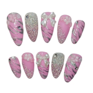 Pink Reflective Gel Silver Zebra Print 3D Bow Charm Press On Gel Nails