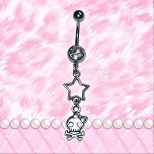 Punk Skull Mcbling Trashycore Y2K Star Silver Crystal Belly Bar