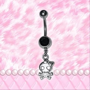 Punk Skull Mcbling Trashycore Y2K Black Crystal Belly Bar
