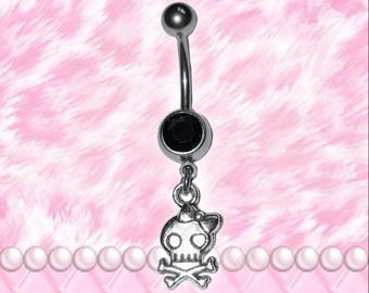 Punk Skull Mcbling Trashycore Y2K Black Crystal Belly Bar