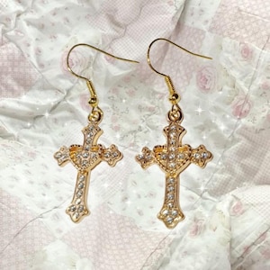 Rhinestone Gothic Cross Gold Coloured Mcbling Grunge Earrings