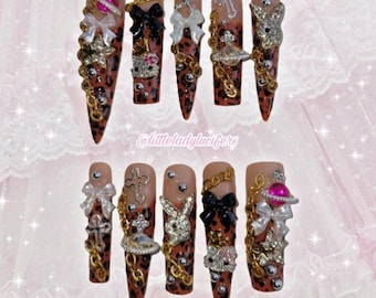 3D Charm Gyaru Y2k Animal Print Junk  Press On Gel Nails