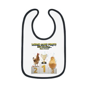 Funny Baby Bib – Chicken or Egg Debate with Trophy Design – Cute Farm Animal Baby Shower Gift