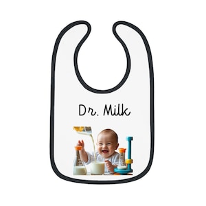 Personalized Baby Bib with Contrast Trim - Fun Gift for New Parents, Perfect for Baby Showers, Feeding Time, Dr. Milk Design