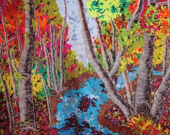 Natures Splendor Impressionistic thread painted fiber art quilt ready to ship!