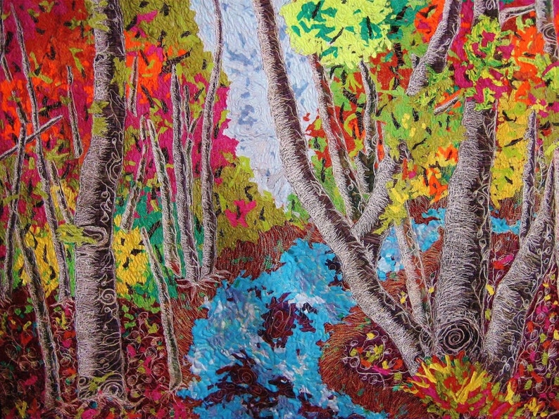 Natures Splendor Impressionistic thread painted fiber art quilt ready to ship image 1