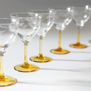 Vintage Sherry Liqueur Cordial Glasses Set of Six Etched Leaf Pattern