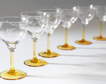 Vintage Sherry Liqueur Cordial Glasses Set of Six Etched Leaf Pattern