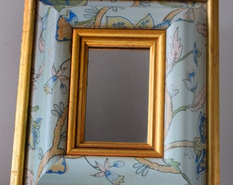 Vintage Framed Mirror Floral Print and Gilt Pastel Blue