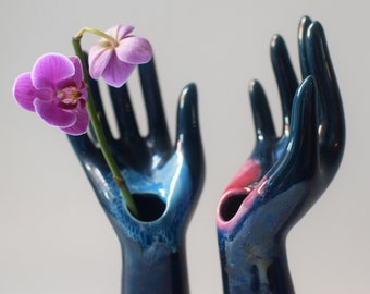 Vintage Hand Shaped Vase Soliflore Ring Display Choose Pink or Pale Blue Accent Vallauris France