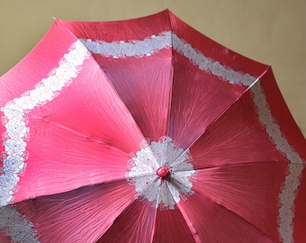 Vintage Umbrella Red Floral Folding Parasol Lucite Handle