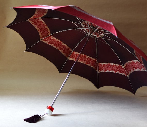 Vintage Umbrella Red Floral Folding Parasol Lucit… - image 5