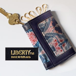 Vintage Liberty of London Key Wallet Holder Trifold Leather Blue Burnham Pattern