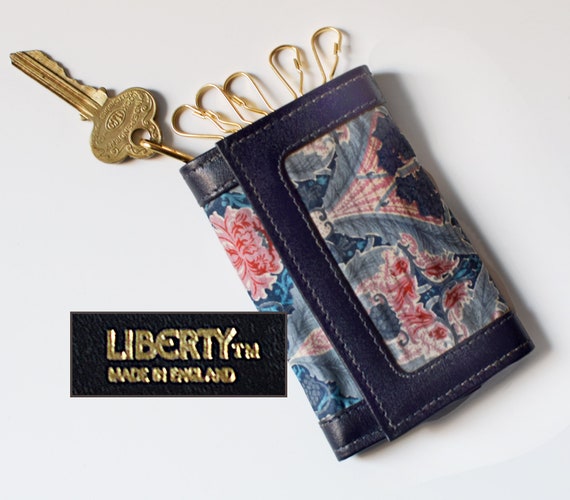 Vintage Liberty of London Key Wallet Holder Trifold Leather Blue Burnham Pattern