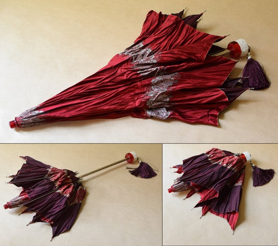 Vintage Umbrella Red Floral Folding Parasol Lucit… - image 9
