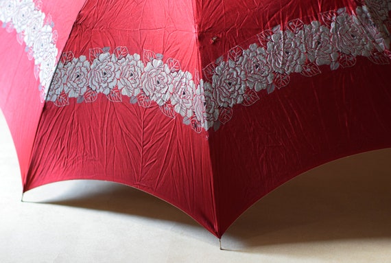 Vintage Umbrella Red Floral Folding Parasol Lucit… - image 4