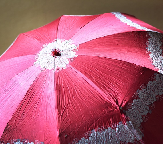 Vintage Umbrella Red Floral Folding Parasol Lucit… - image 2