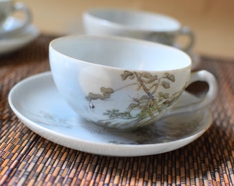 Vintage Tea Cup Set Hand Painted Japanese Eggshell Porcelain 4 Cups and Saucers Mount Fuji Landscape Scenes