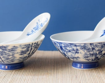 Vintage Japanese Rice Bow & Spoon Set Blue White Bamboo Pattern