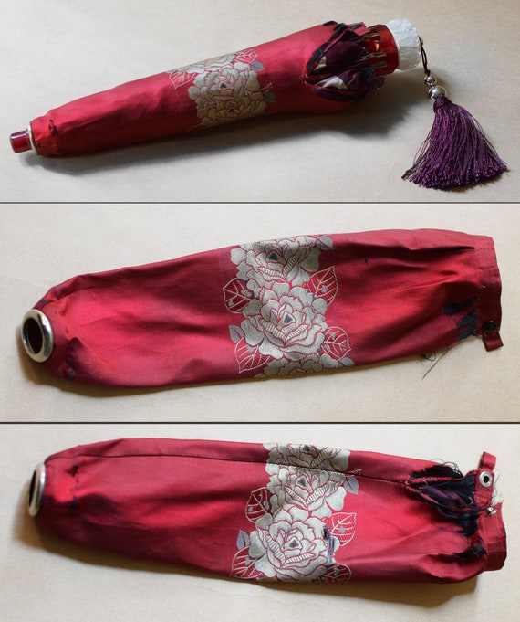 Vintage Umbrella Red Floral Folding Parasol Lucit… - image 10