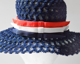 Vintage Mid Century Wide Brim Hat Red White and Blue 56cm 22"