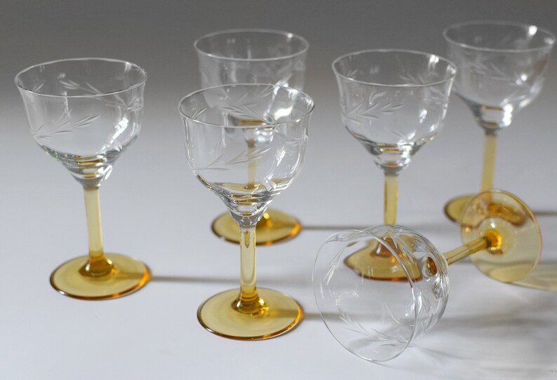 Vintage Sherry Liqueur Cordial Glasses Set of Six Etched Leaf Etsy
