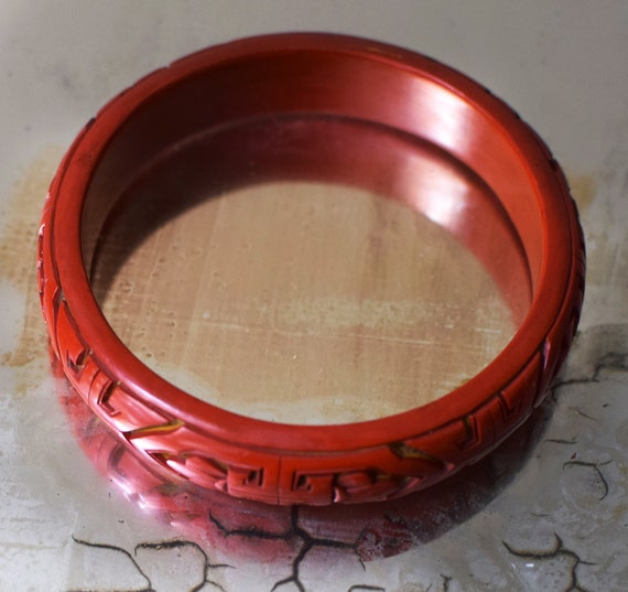 Vintage Bracelet Chinese Hand Carved Cinnabar Red… - image 4