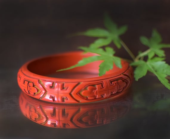 Vintage Bracelet Chinese Hand Carved Cinnabar Red… - image 1