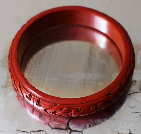 Vintage Bracelet Chinese Hand Carved Cinnabar Red… - image 5