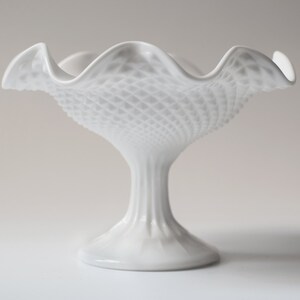 Vintage Milk Glass Compote Pedestal Dish Ruffled Rim Diamond Point One Left image 3