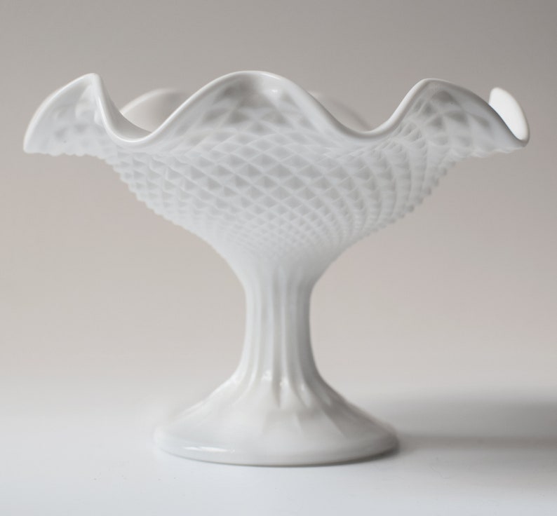 Vintage Milk Glass Compote Pedestal Dish Ruffled Rim Diamond Point One Left image 3