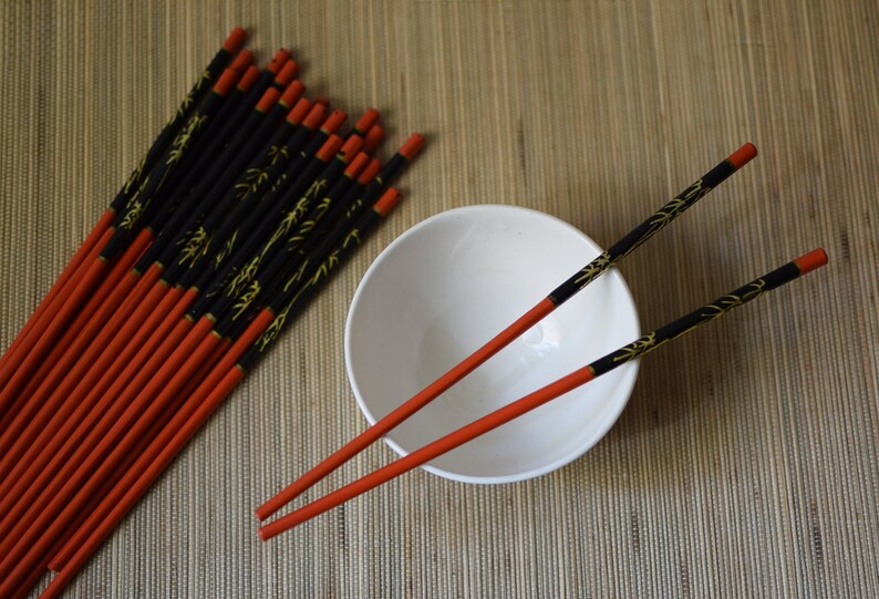 Vintage Chopsticks Chinese Lacquer Red Black Chinoiserie image 1