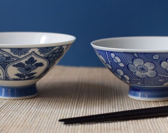 Vintage Japanese Rice Bowls Set of Two Blue and White Floral Patterns