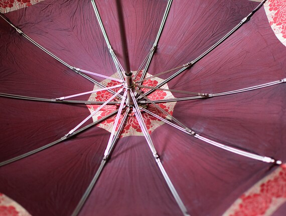 Vintage Umbrella Red Floral Folding Parasol Lucit… - image 7