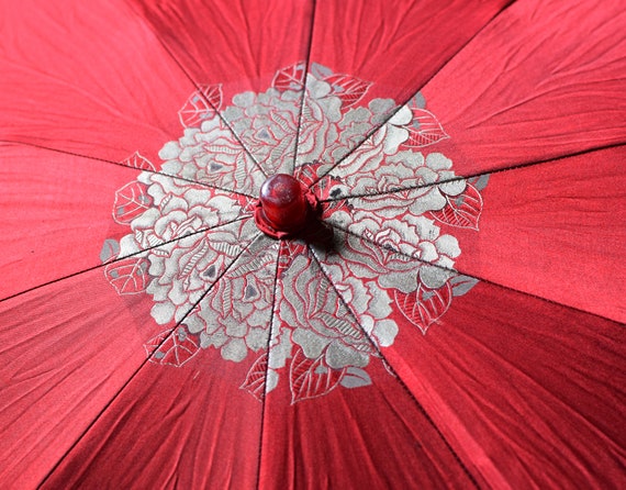 Vintage Umbrella Red Floral Folding Parasol Lucit… - image 3