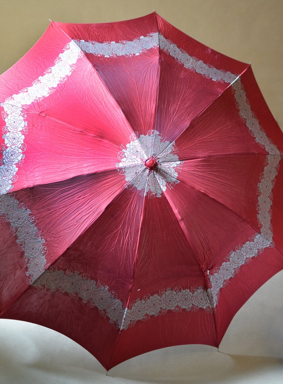 Vintage Umbrella Red Floral Folding Parasol Lucit… - image 1